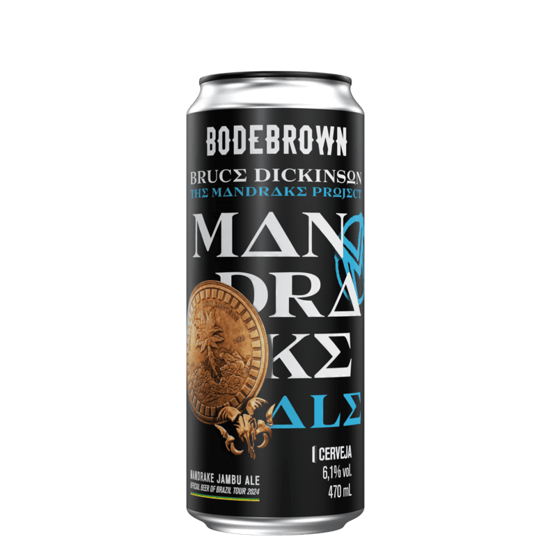 Lata da cerveja Mandrake Jambu Ale de 470 ml, Bodebrown e Bruce Dickinson
